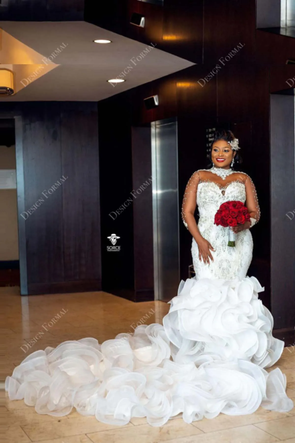 Ruffled Organza Trumpet Illusion Beaded Design Wedding Dress