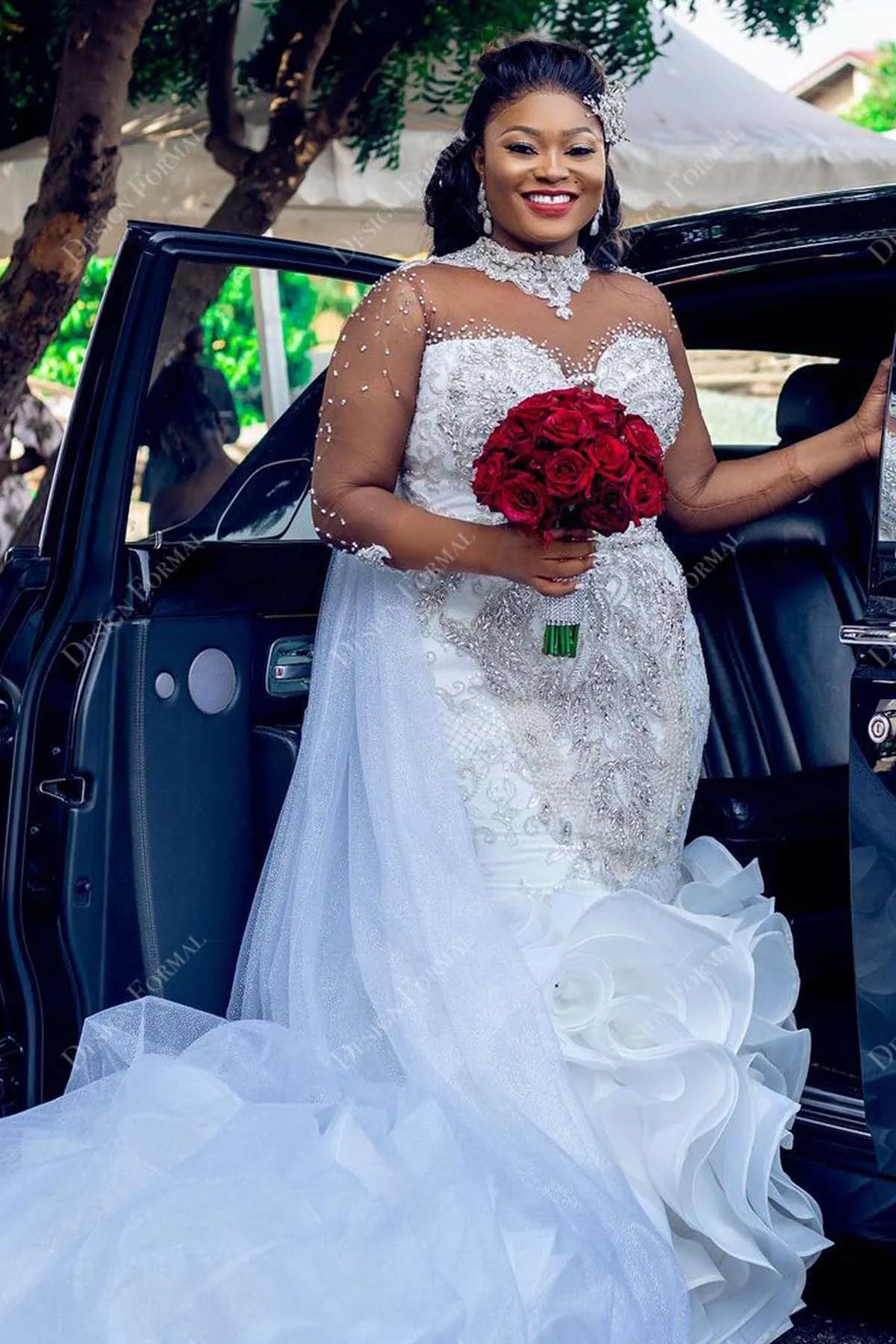 Ruffled Organza Trumpet Illusion Beaded Design Wedding Dress