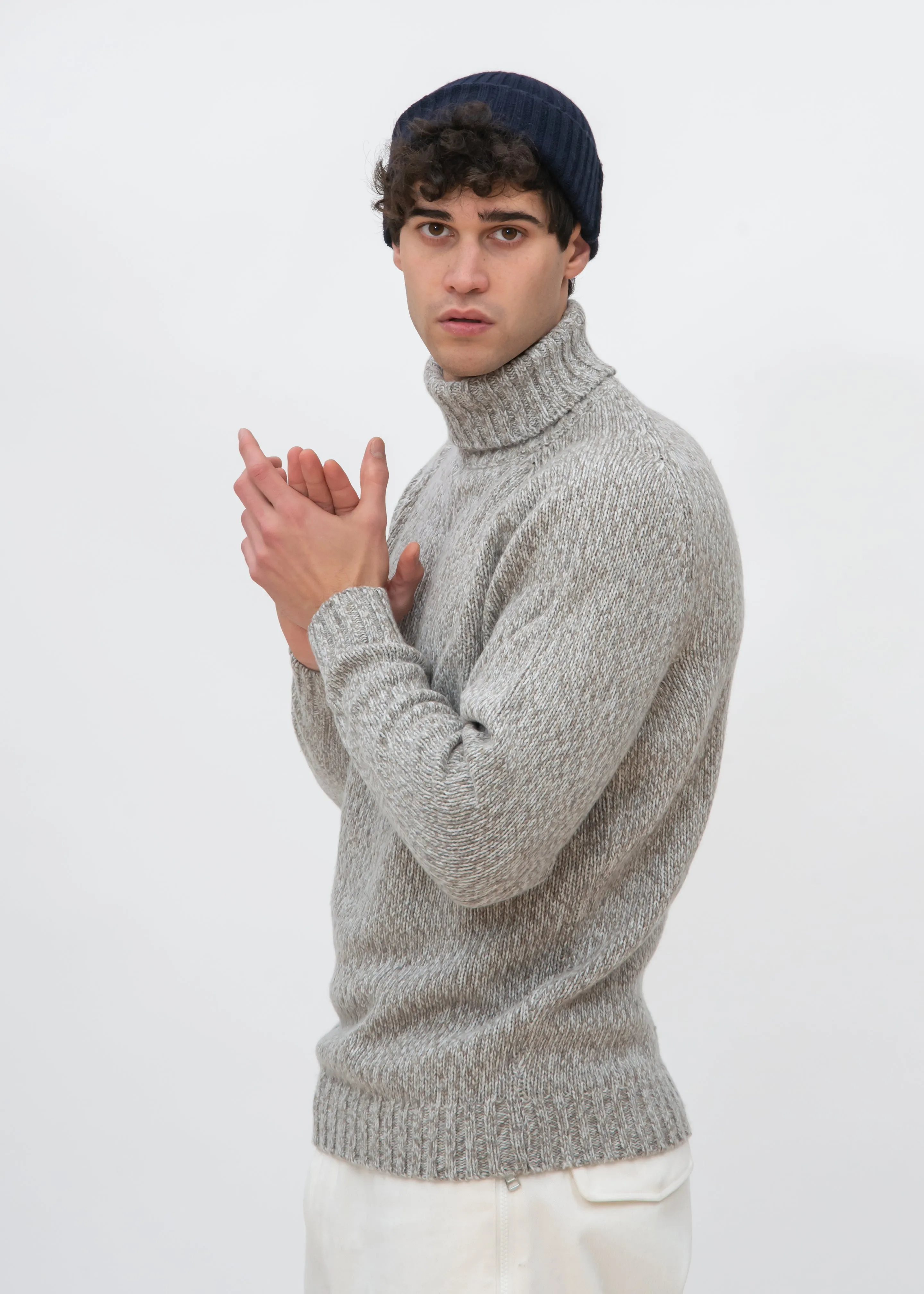 SADDLE SLEEVE MOULINE TURTLENECK SWEATER