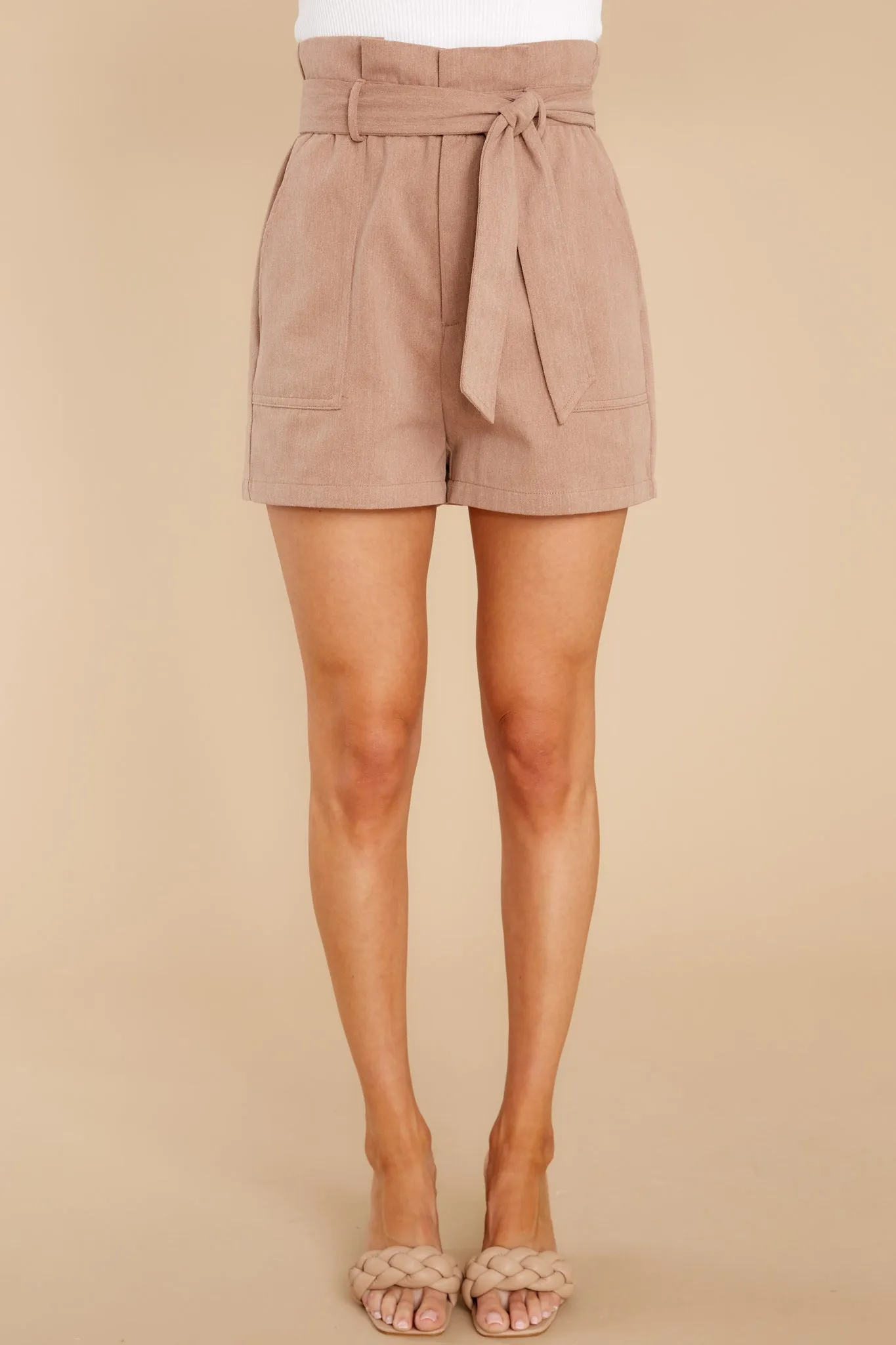 Seaside Cinch Tan High Rise Tie Waist Twill Shorts