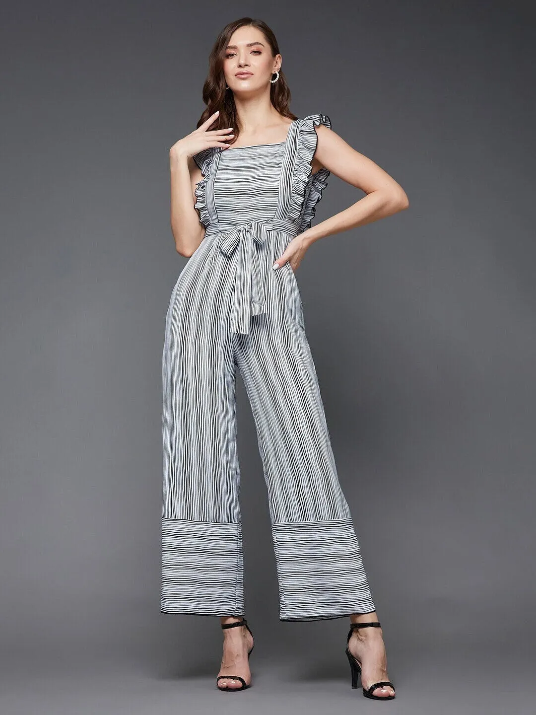 Self design Striped Ruffles Jumpsuit For Women