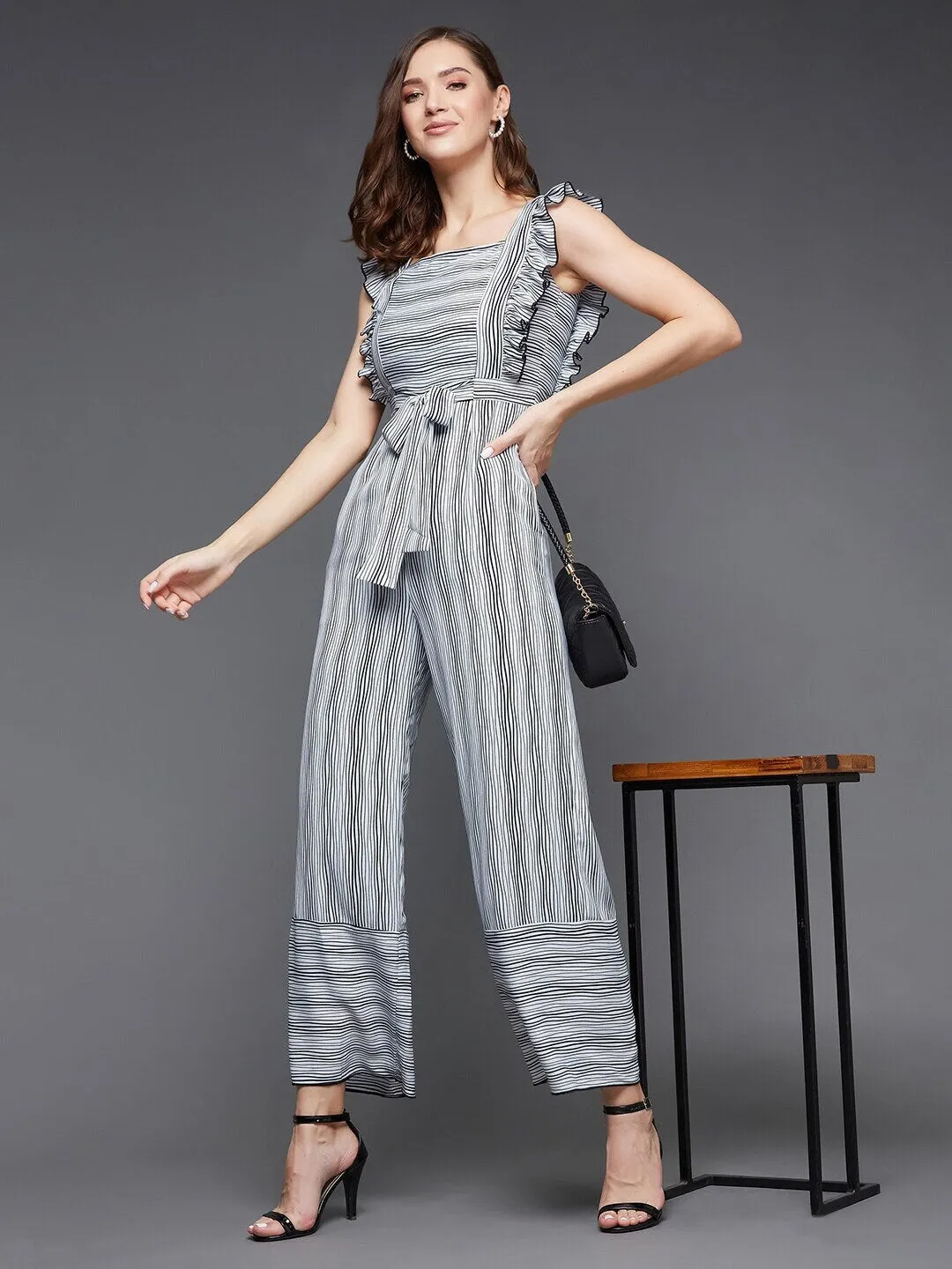 Self design Striped Ruffles Jumpsuit For Women