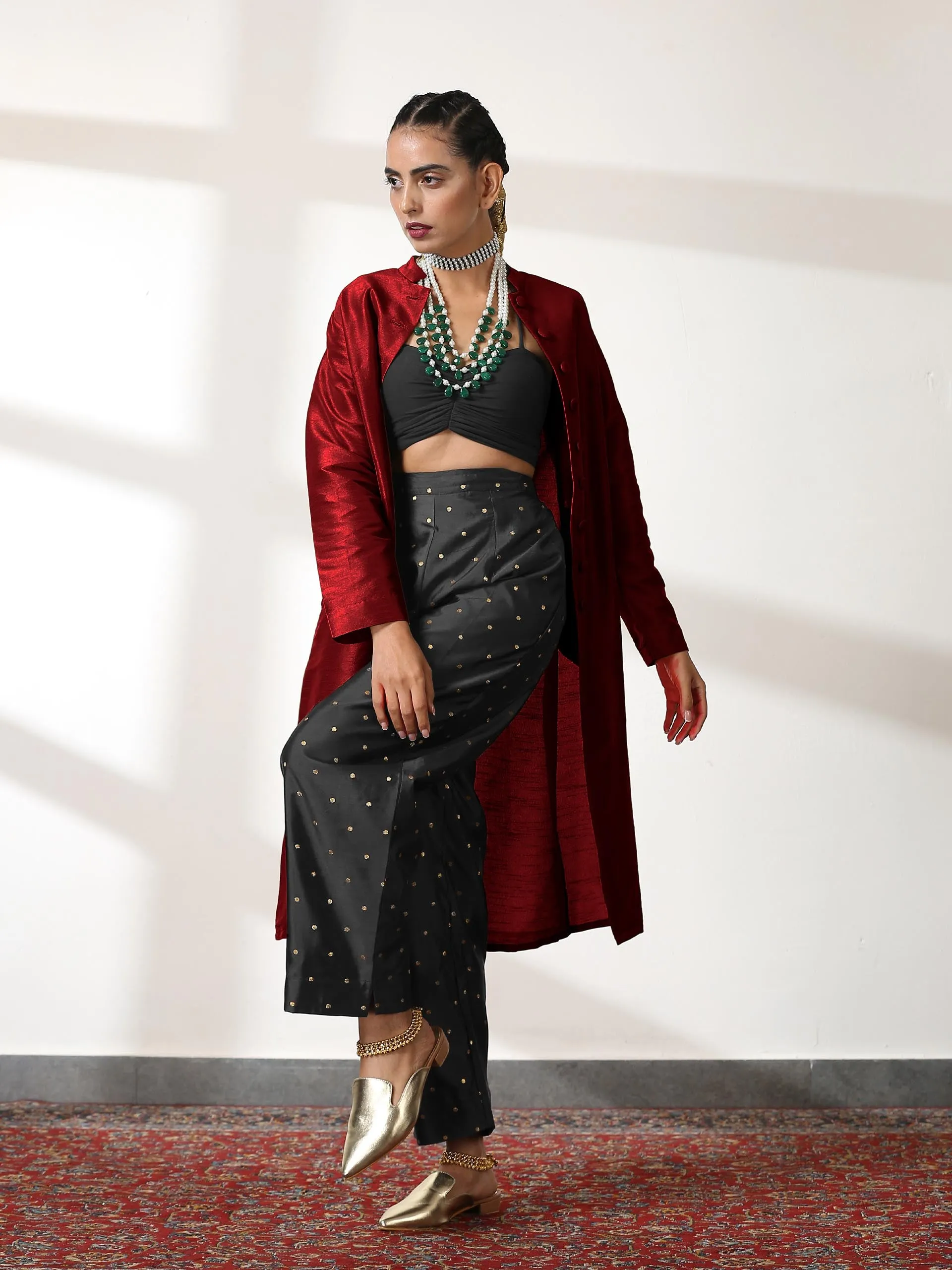 SET Maroon Dupion Silk Blend Jacket Top with Black Brocade Pants- 3 piece