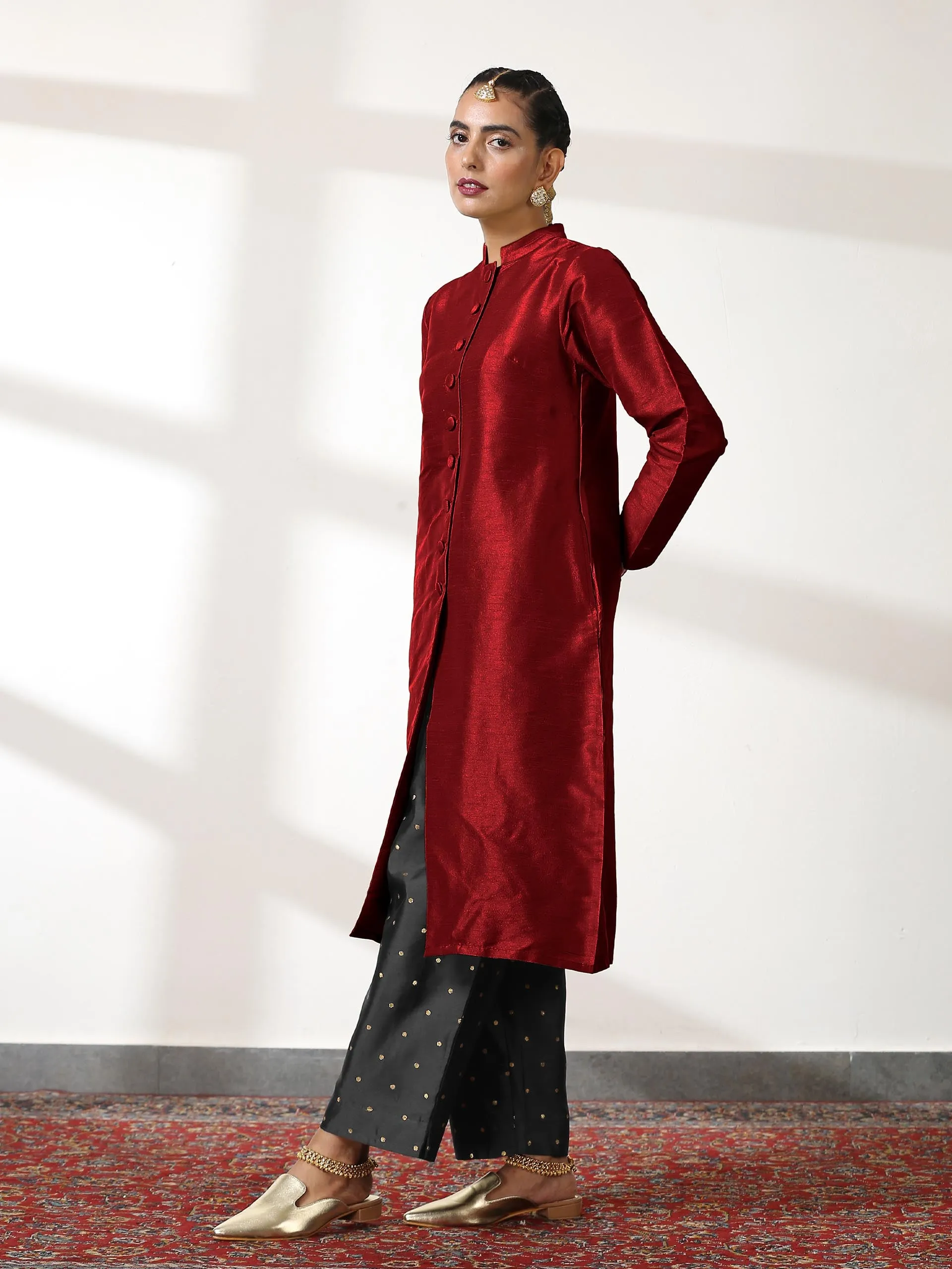 SET Maroon Dupion Silk Blend Jacket Top with Black Brocade Pants- 3 piece