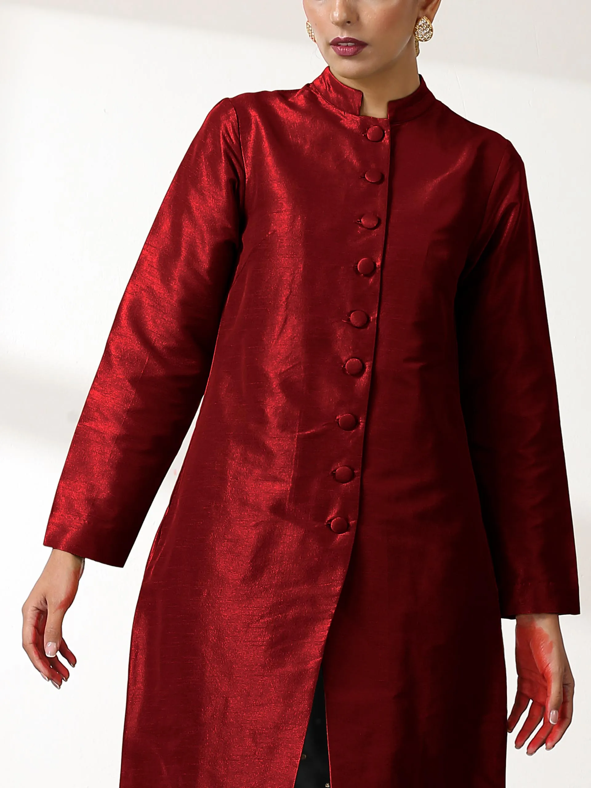 SET Maroon Dupion Silk Blend Jacket Top with Black Brocade Pants- 3 piece