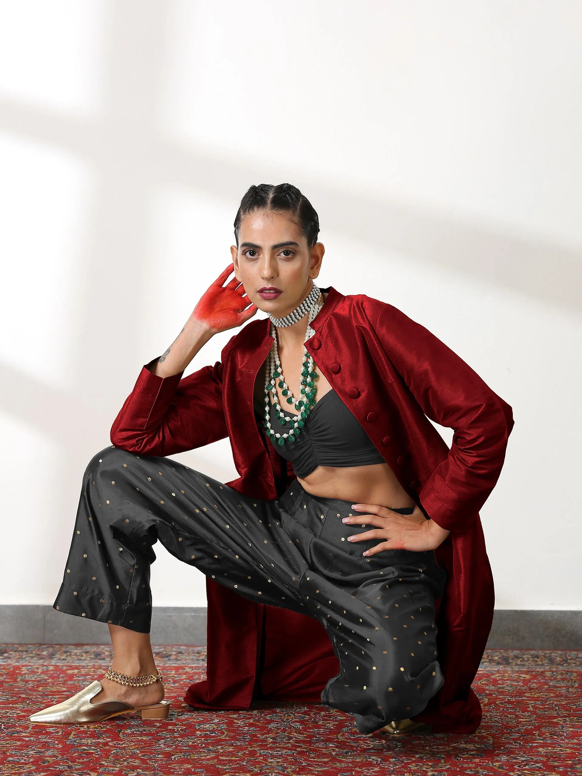 SET Maroon Dupion Silk Blend Jacket Top with Black Brocade Pants- 3 piece