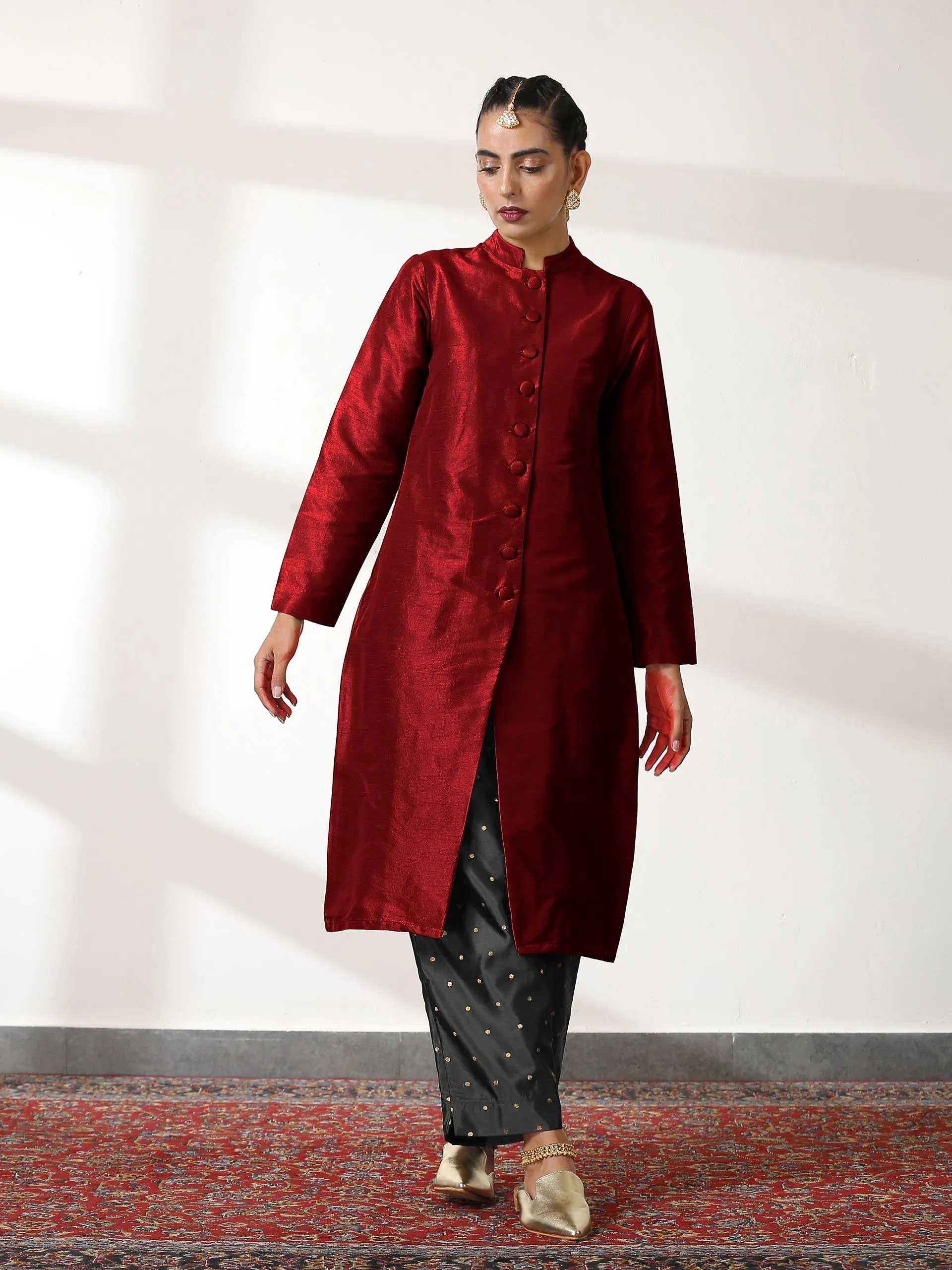 SET Maroon Dupion Silk Blend Jacket Top with Black Brocade Pants- 3 piece