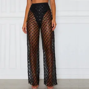 Sexy High Waist Perspective Hollow Out Cutout Gold Silk Mesh Sunscreen Pants Trousers for Women