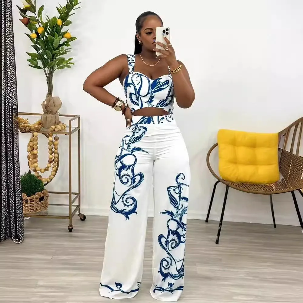 Sexy Printed Suspenders High Waist Wide Leg Pants Two Piece Set