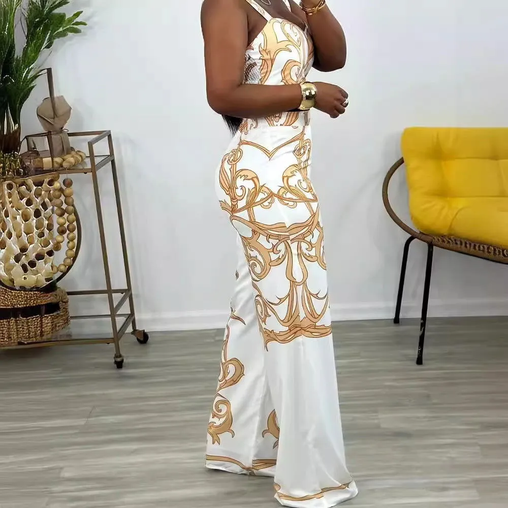 Sexy Printed Suspenders High Waist Wide Leg Pants Two Piece Set