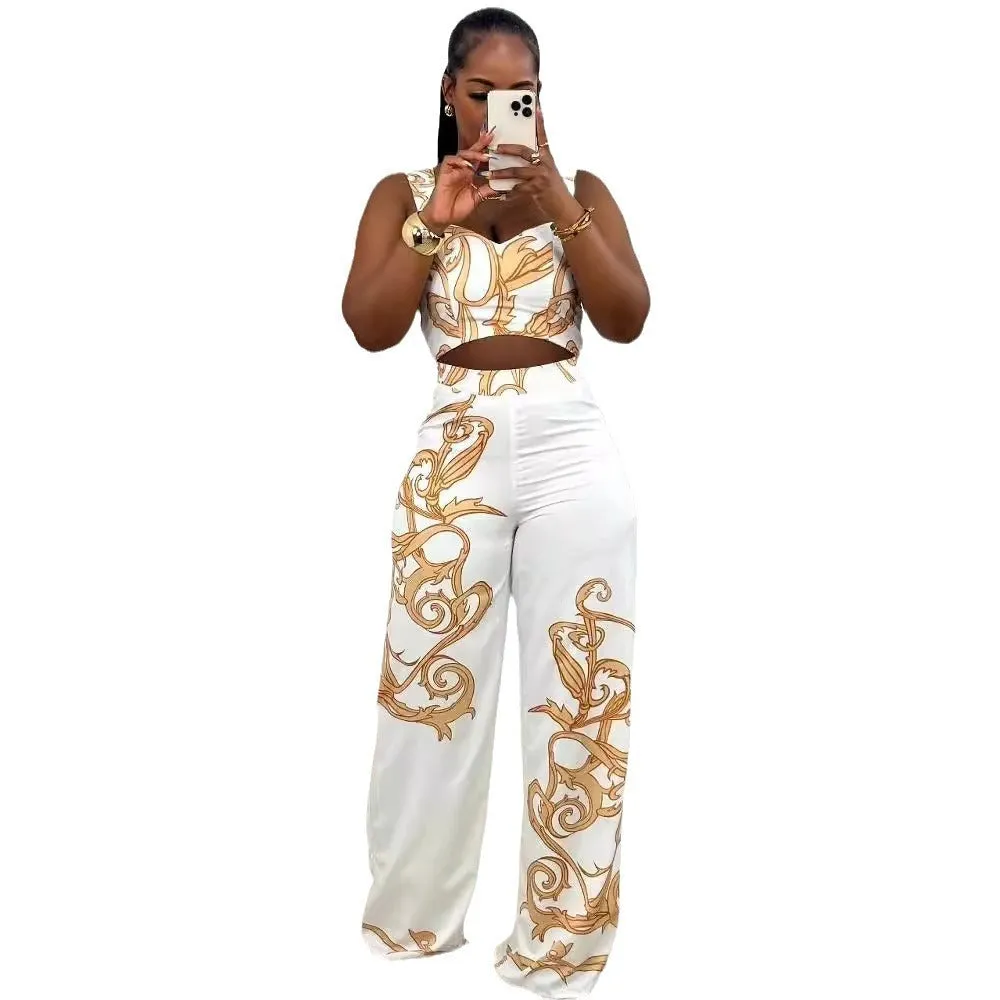 Sexy Printed Suspenders High Waist Wide Leg Pants Two Piece Set