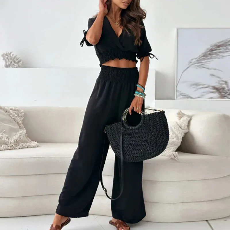 Short Sleeve V-neck Blouse Tops High Waist Pants High Street Ruffles Edge Solid Elegant Set