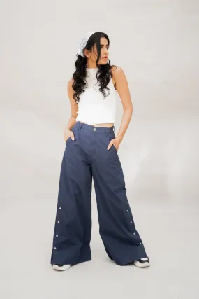 Side Snap Wide Leg Blue