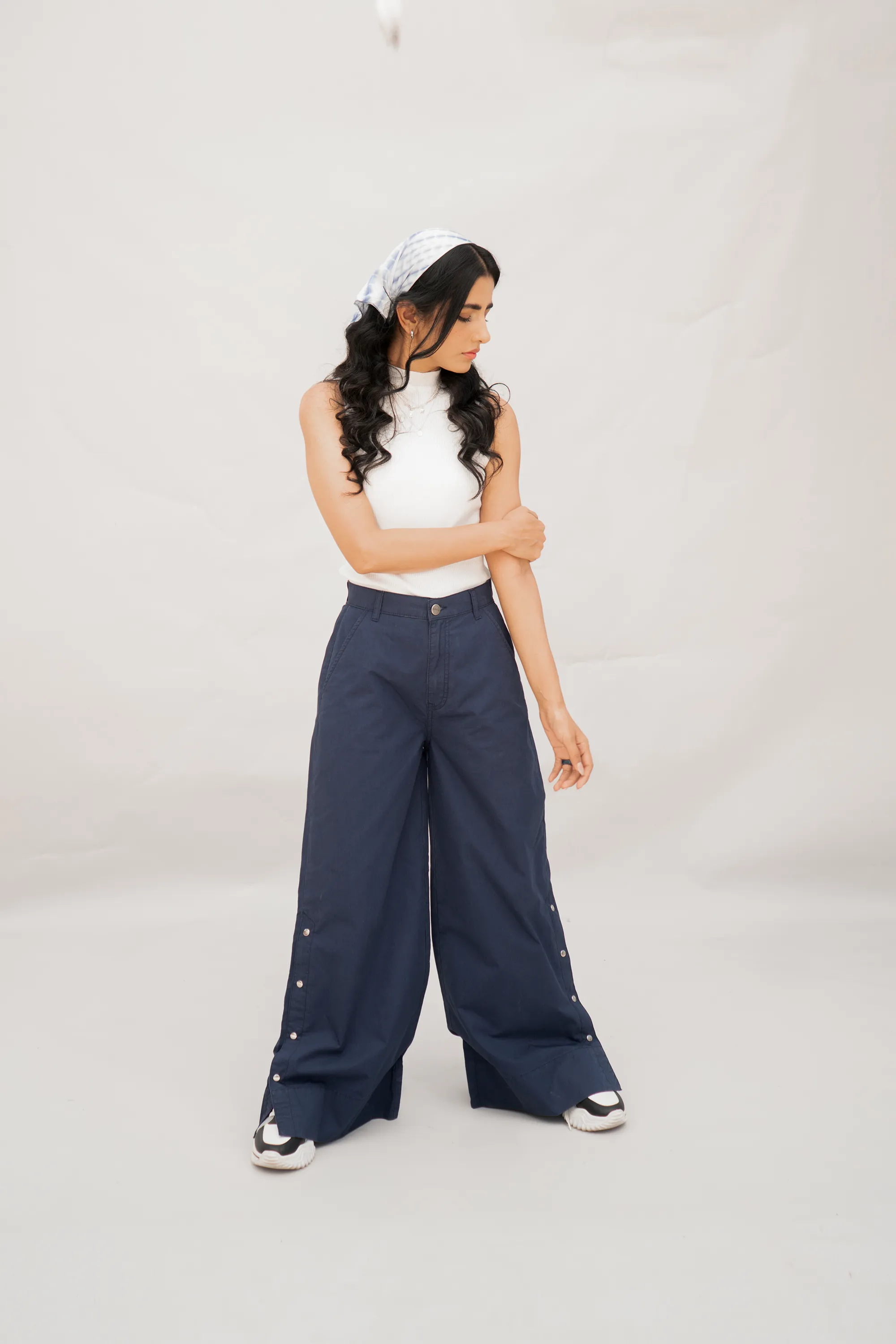 Side Snap Wide Leg Blue