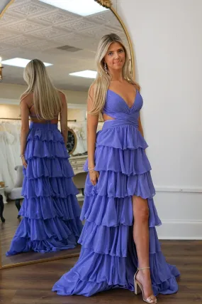 Straps Purple Tiered Ruffle Long Formal Dress