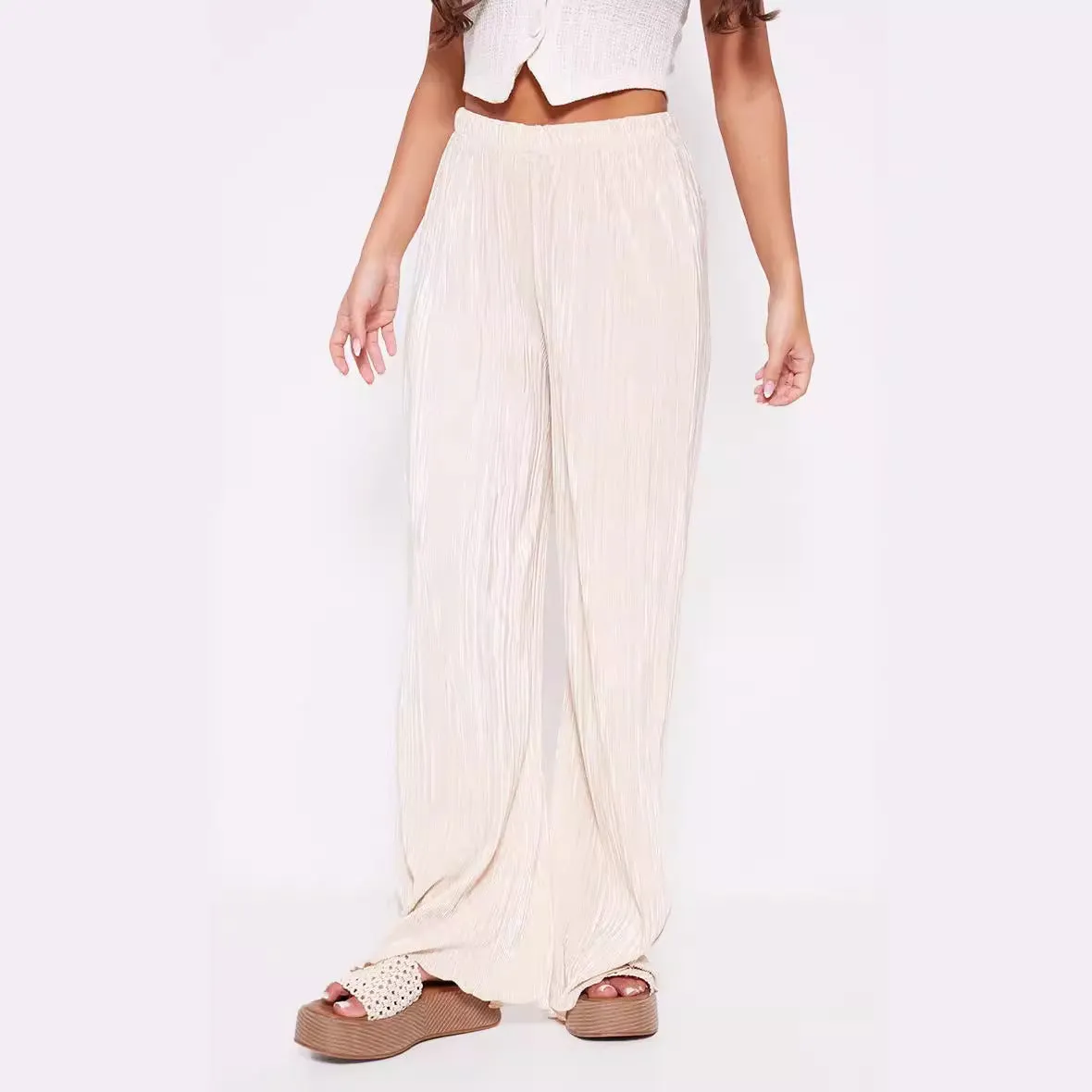 Summer Women Wide Leg Pants High Grade Luxury Pleated Satin Flash Casual Pants