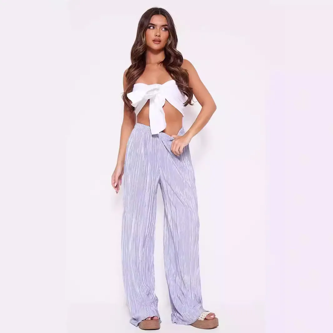 Summer Women Wide Leg Pants High Grade Luxury Pleated Satin Flash Casual Pants