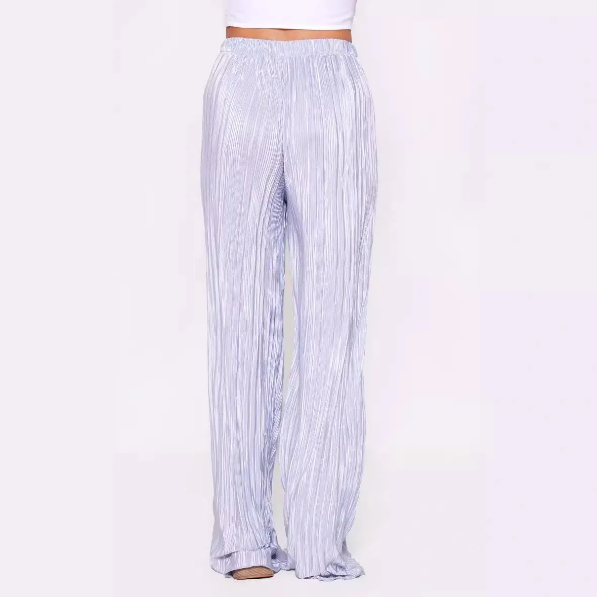 Summer Women Wide Leg Pants High Grade Luxury Pleated Satin Flash Casual Pants