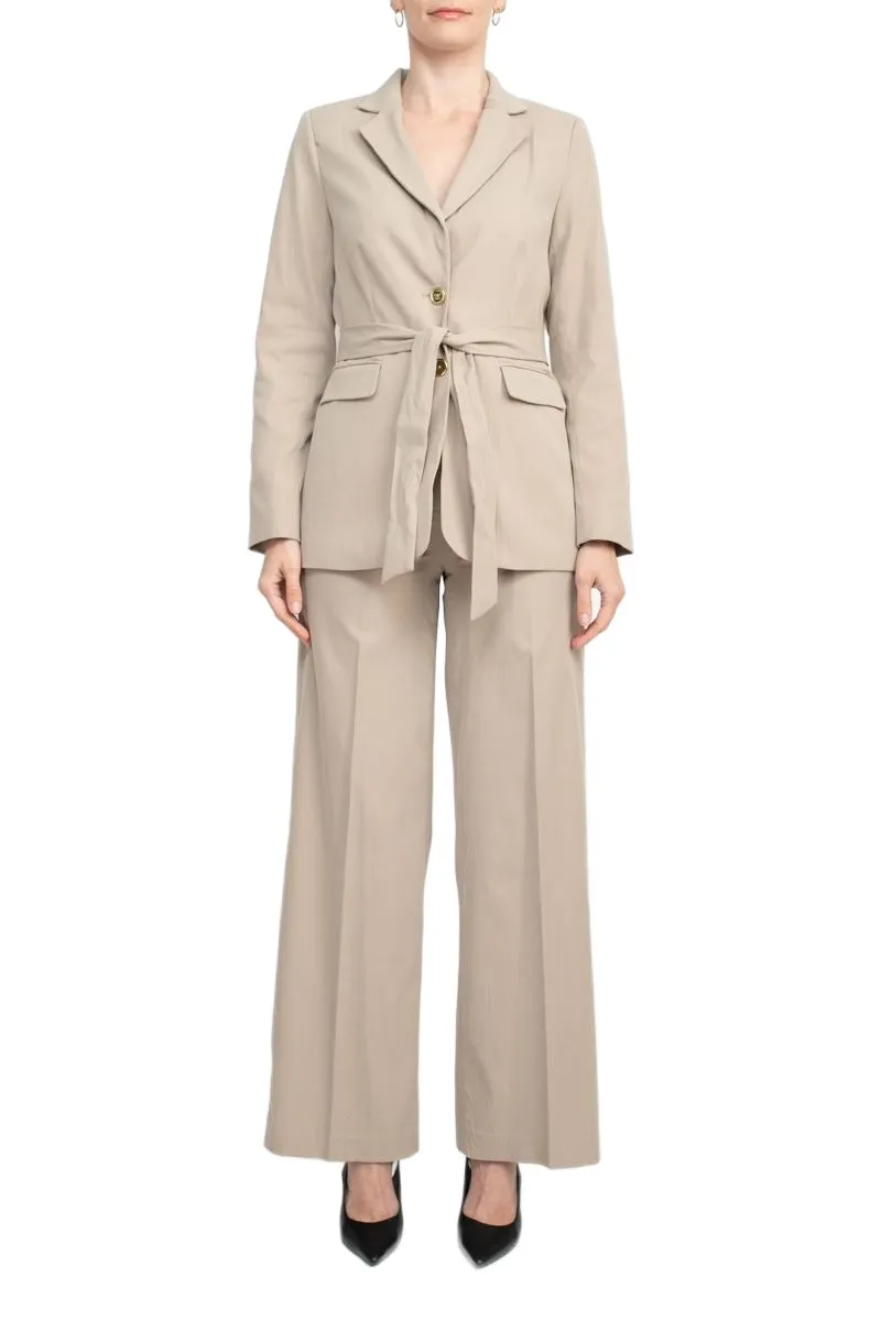 Tahari ASL Shawl Collar Long Sleeves 2 Button Self Waist Tie Jacket With Matching Crepe Pants