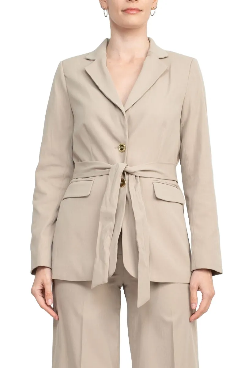 Tahari ASL Shawl Collar Long Sleeves 2 Button Self Waist Tie Jacket With Matching Crepe Pants