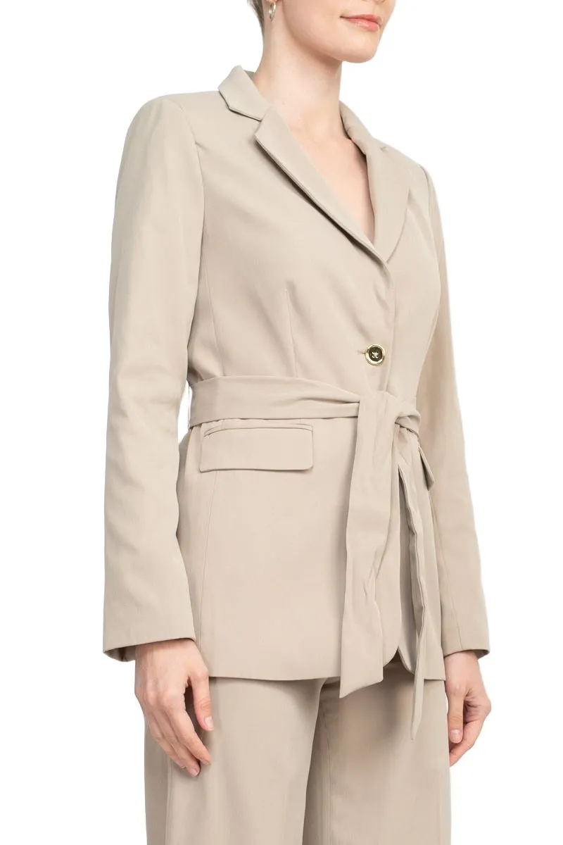 Tahari ASL Shawl Collar Long Sleeves 2 Button Self Waist Tie Jacket With Matching Crepe Pants