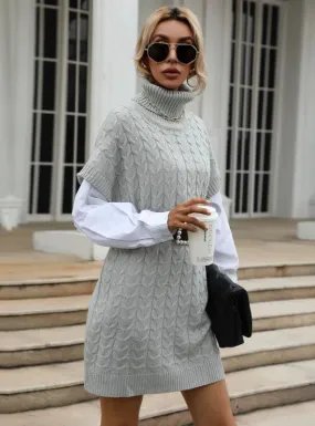 TastyHottie - FASHION SOLID COLOR TWIST KNITTED TURTLENECK VEST SWEATER DRESS