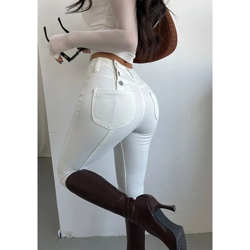 TAVIMART  -  White High Waist Elastic Casual Jeans For Women's Autumn Winter New Design Pencil Pants Elegant Women Korean N4GS