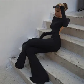 Trendy Black Sexy Backless Flare Pants Jumpsuits