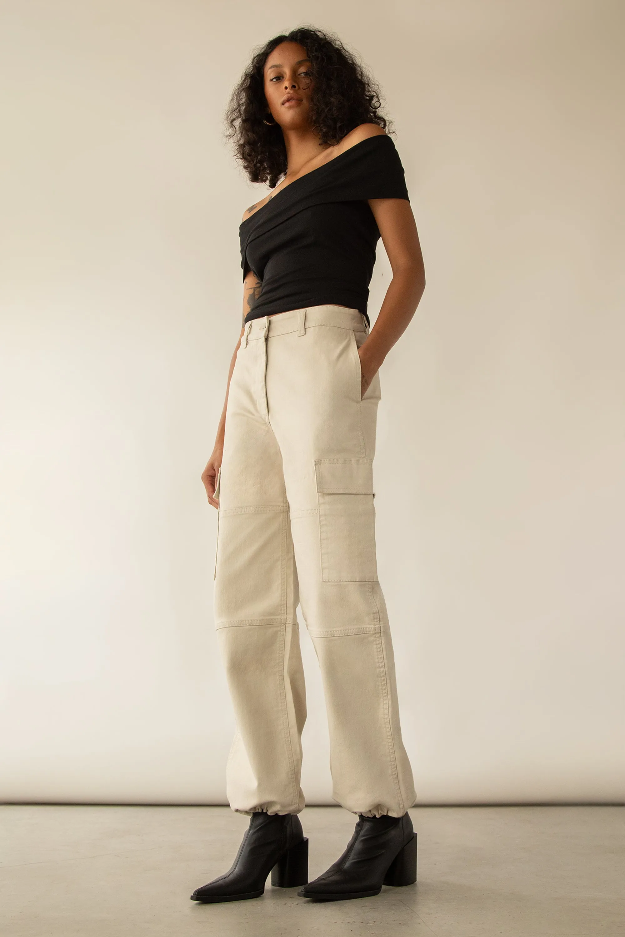 TWILL WIDE LEG CARGO PANT WITH SHOCK CORD