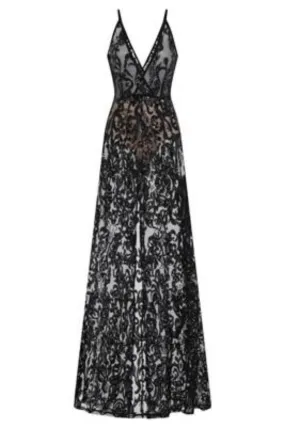 Unleashed Black Sheer Luxe Sequin Slit Maxi Gown Dress