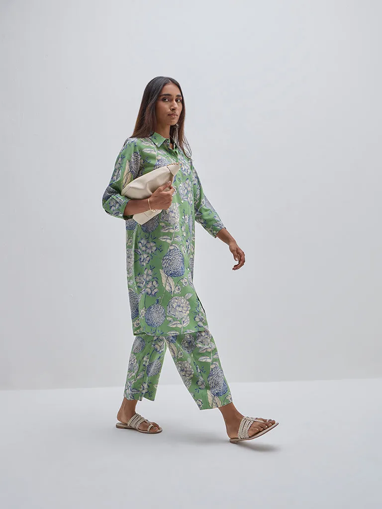 Utsa Green Floral Design High-Rise Ethnic Pants