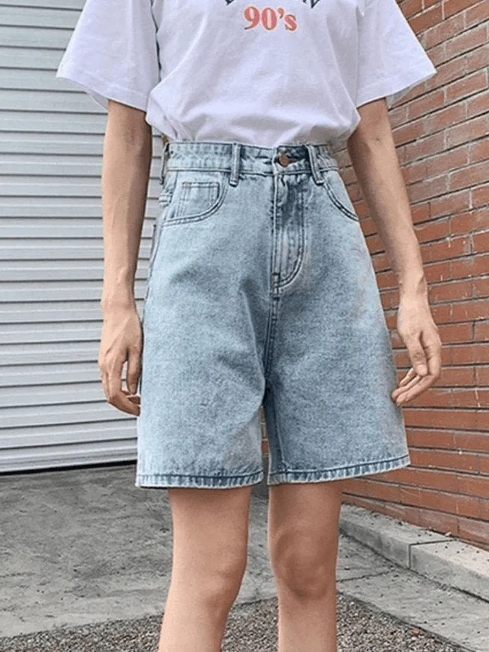 Wenkouban Blue Retro Denim High Waist Shorts with Straight Leg