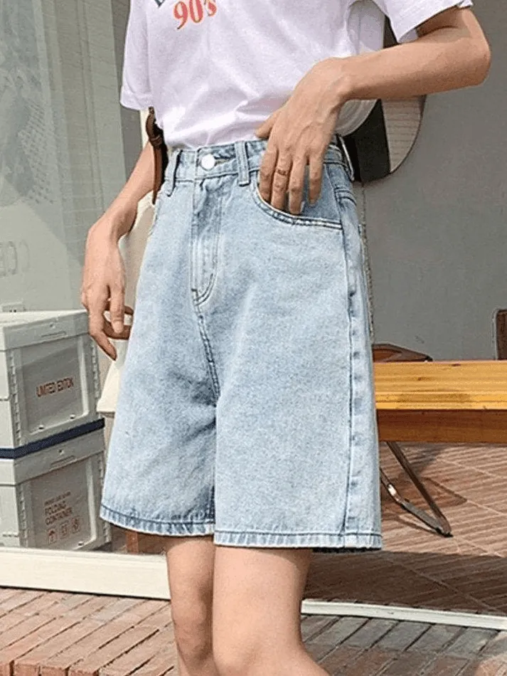 Wenkouban Blue Retro Denim High Waist Shorts with Straight Leg