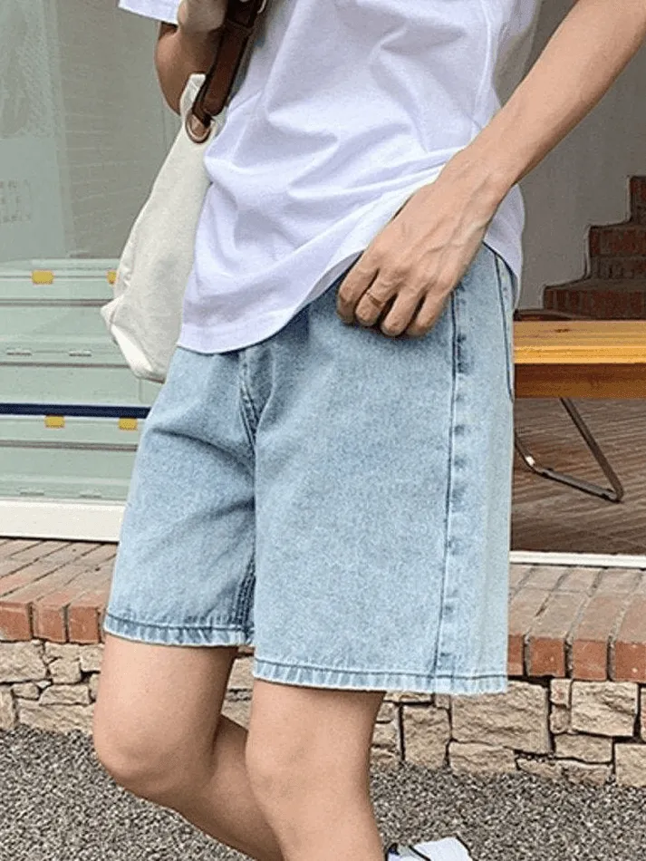 Wenkouban Blue Retro Denim High Waist Shorts with Straight Leg