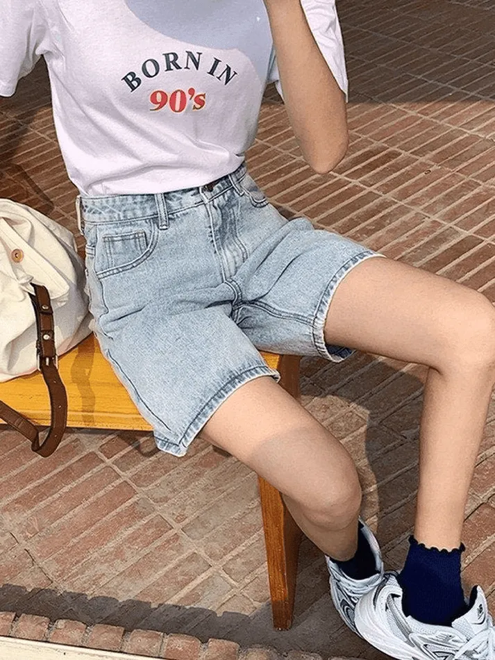 Wenkouban Blue Retro Denim High Waist Shorts with Straight Leg