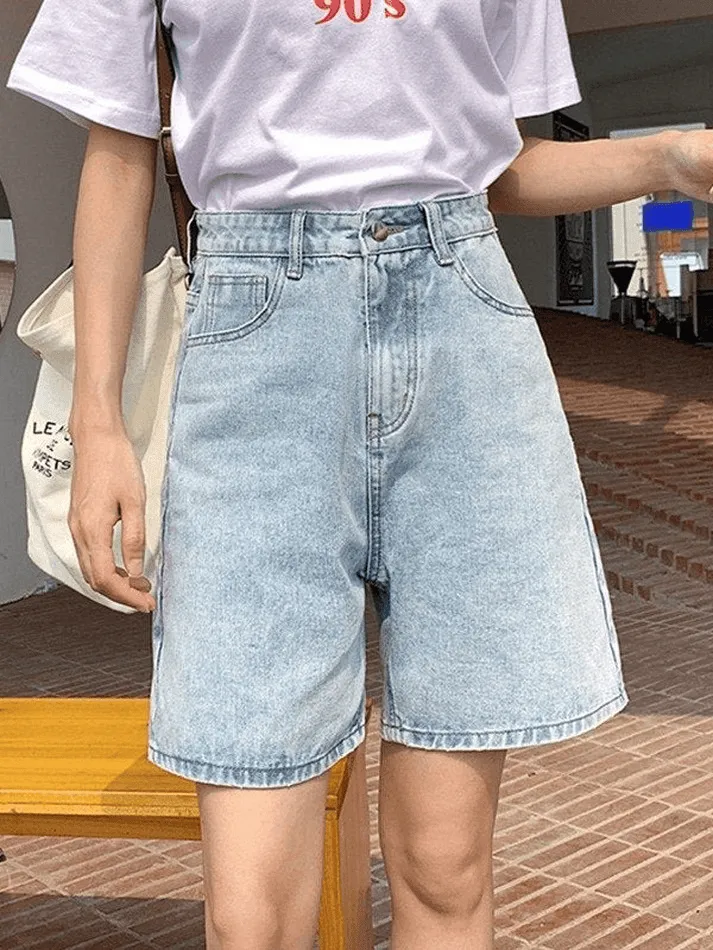 Wenkouban Blue Retro Denim High Waist Shorts with Straight Leg