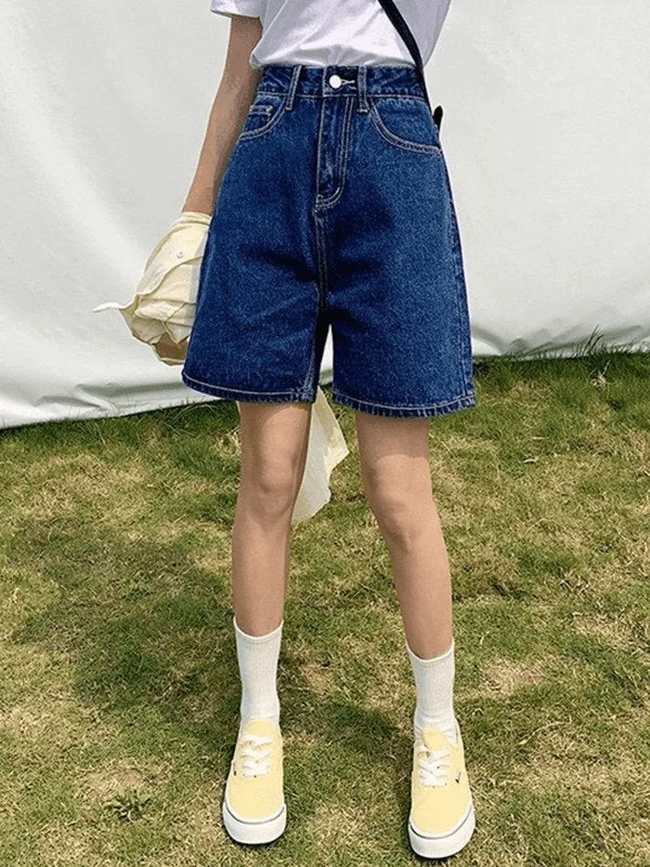 Wenkouban Blue Retro Denim High Waist Shorts with Straight Leg