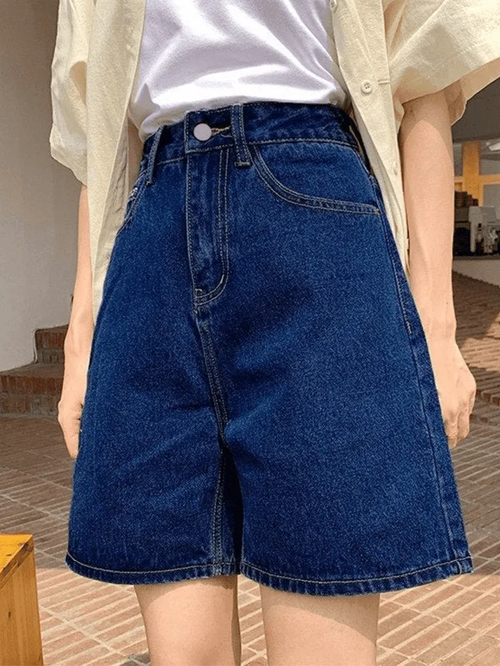 Wenkouban Blue Retro Denim High Waist Shorts with Straight Leg