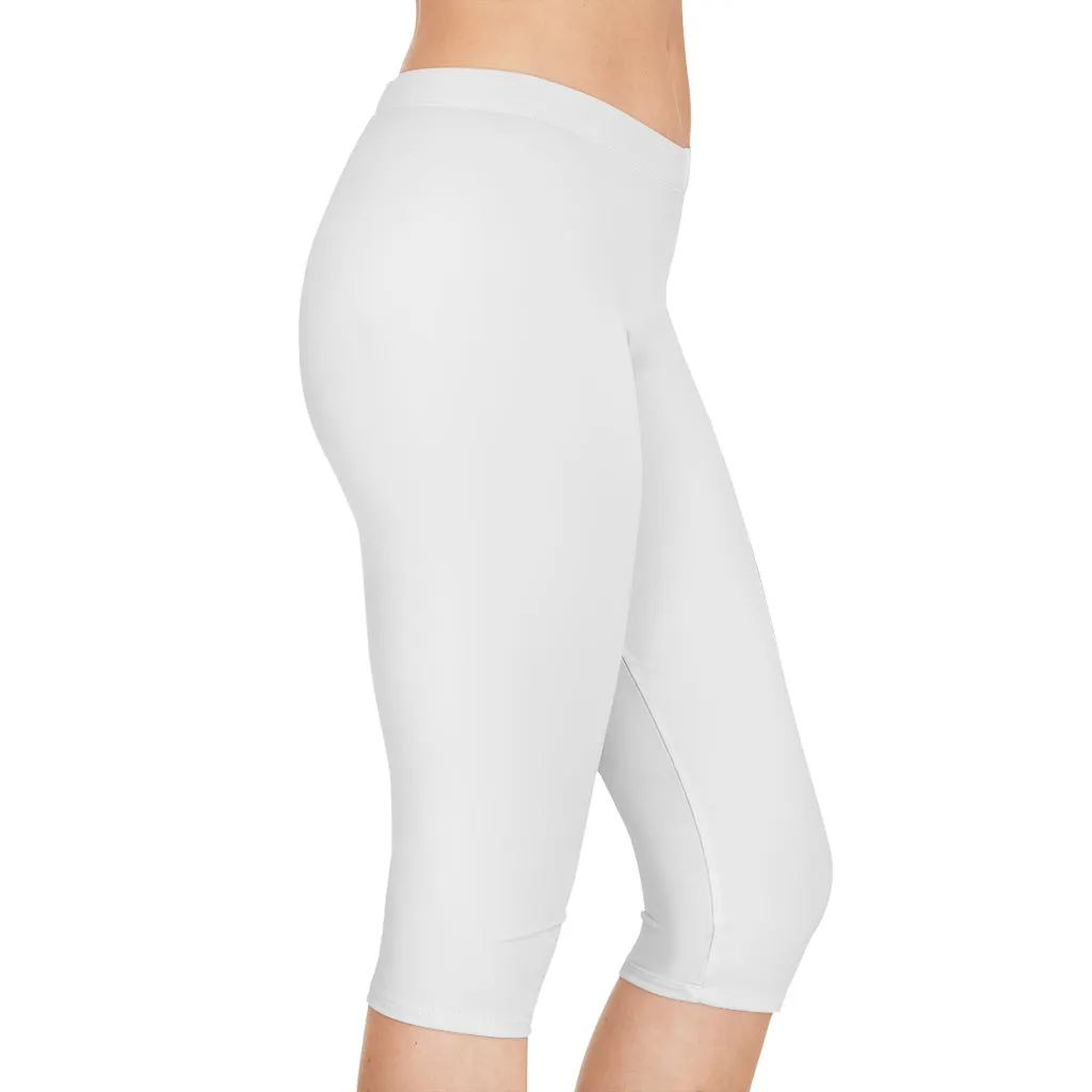 White Color Women's Capri Leggings, Knee-Length Polyester Capris Tights-Made in USA (US Size: XS-2XL)