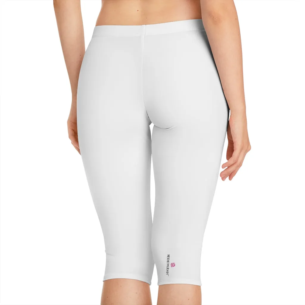 White Color Women's Capri Leggings, Knee-Length Polyester Capris Tights-Made in USA (US Size: XS-2XL)