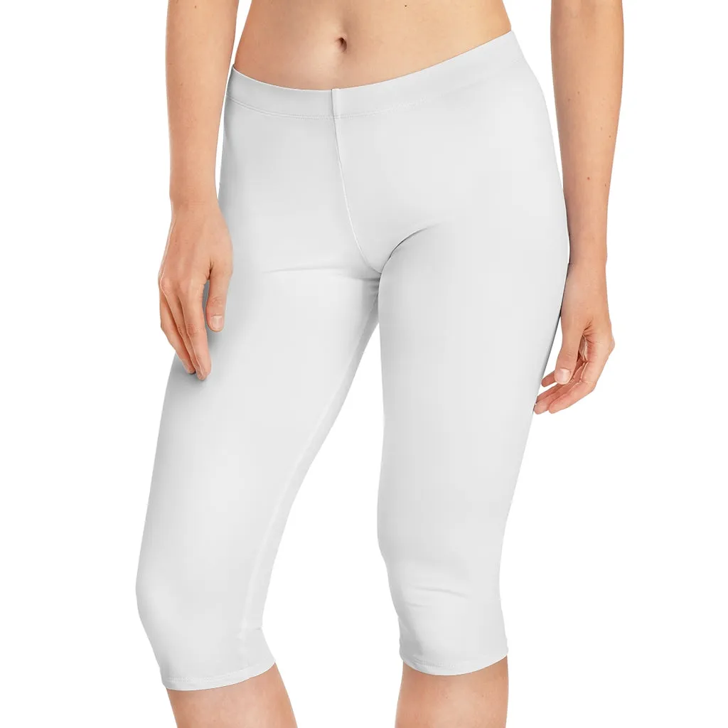 White Color Women's Capri Leggings, Knee-Length Polyester Capris Tights-Made in USA (US Size: XS-2XL)