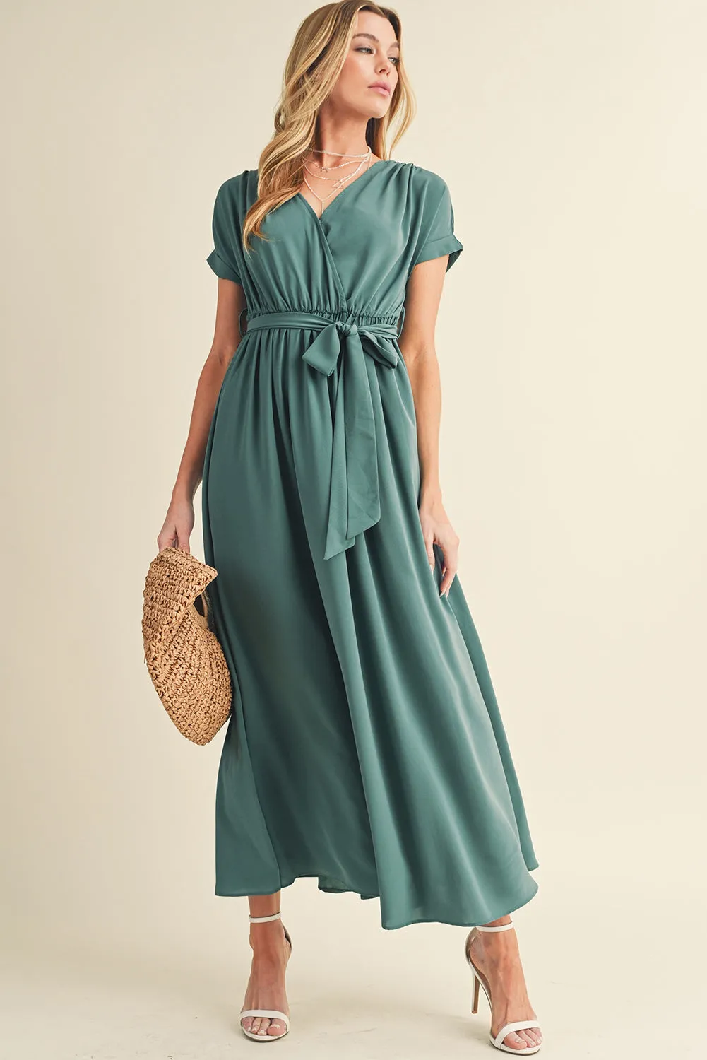 Wholesale Green Wrap V Neck Belted Pleated Maxi Dress