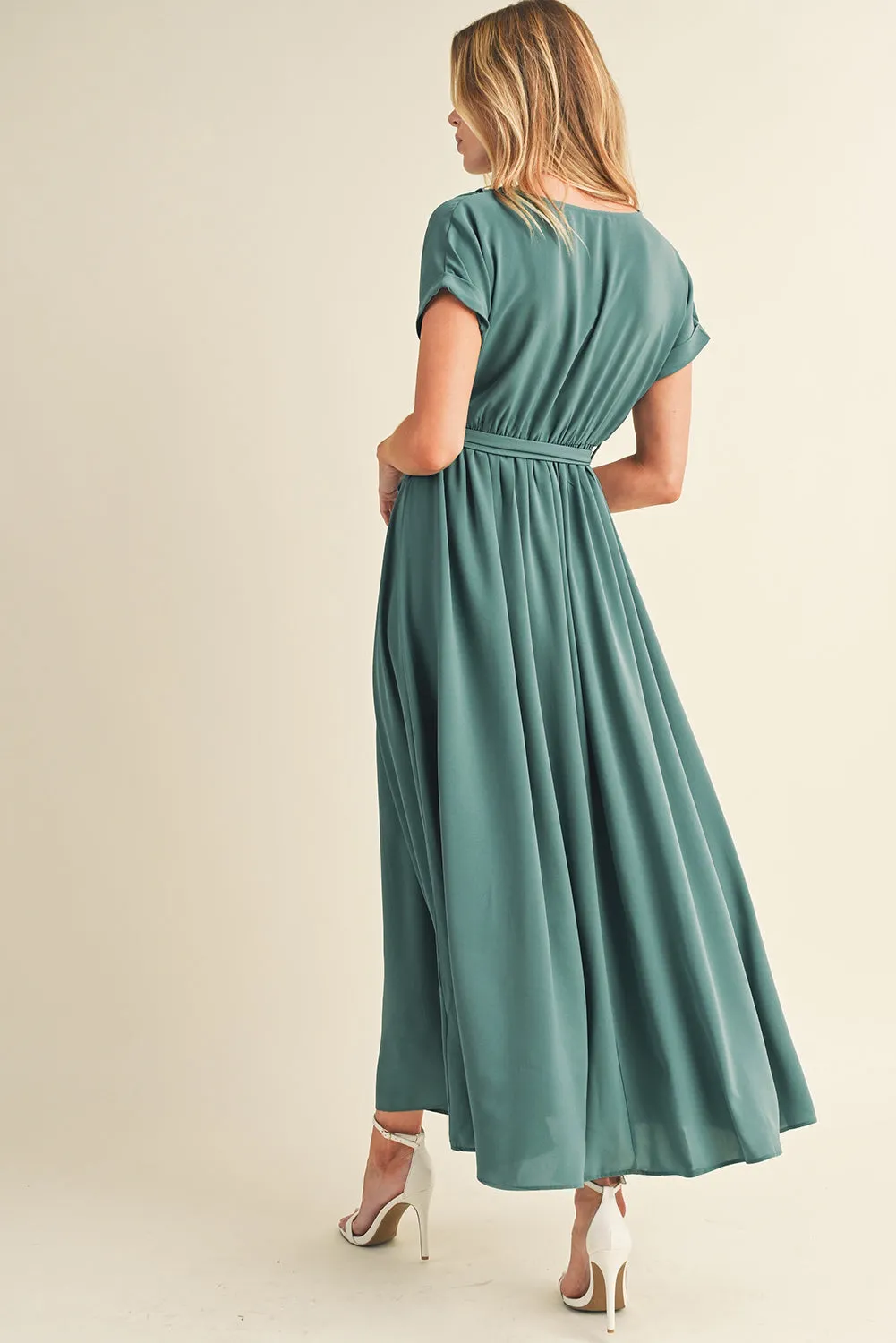 Wholesale Green Wrap V Neck Belted Pleated Maxi Dress