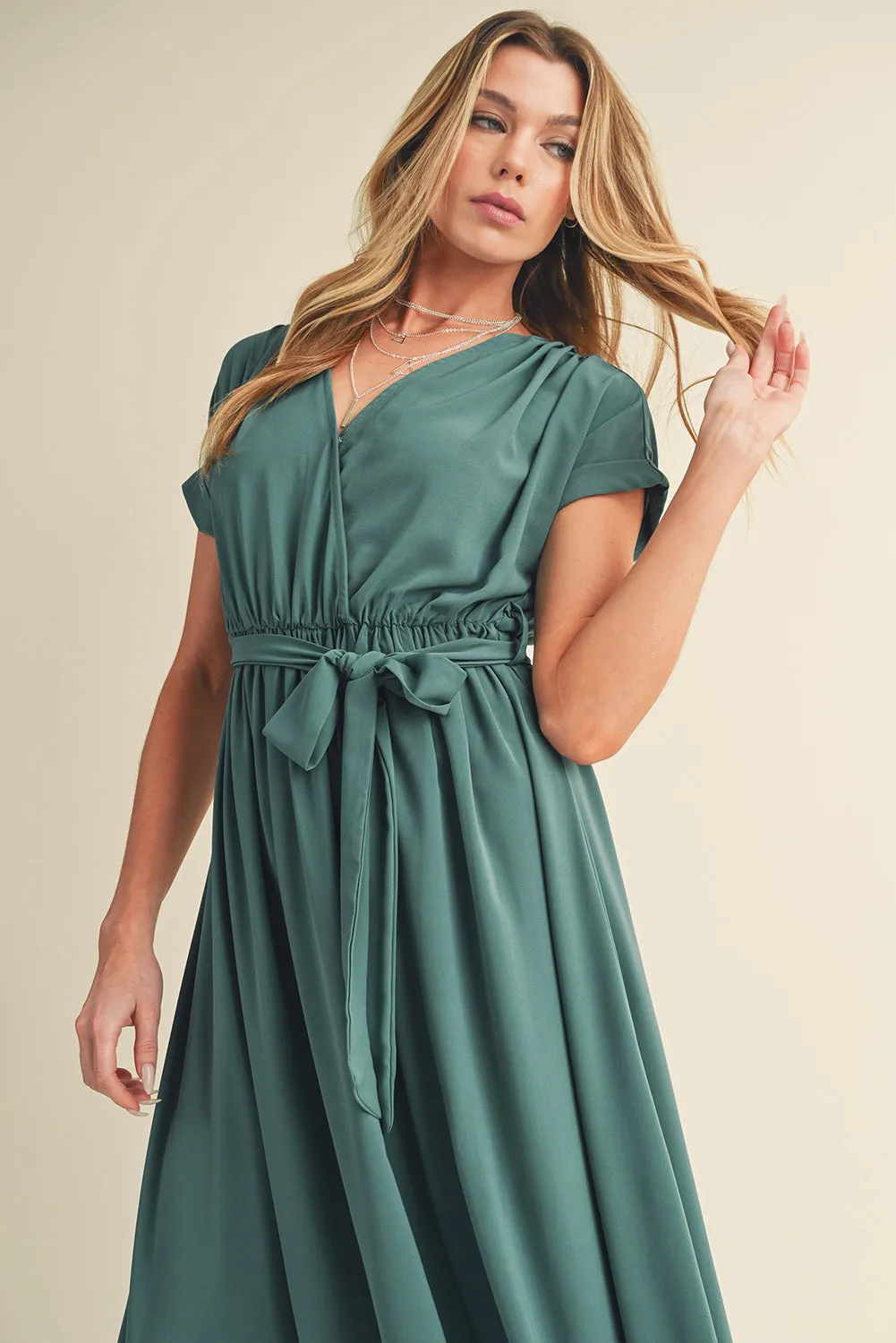 Wholesale Green Wrap V Neck Belted Pleated Maxi Dress