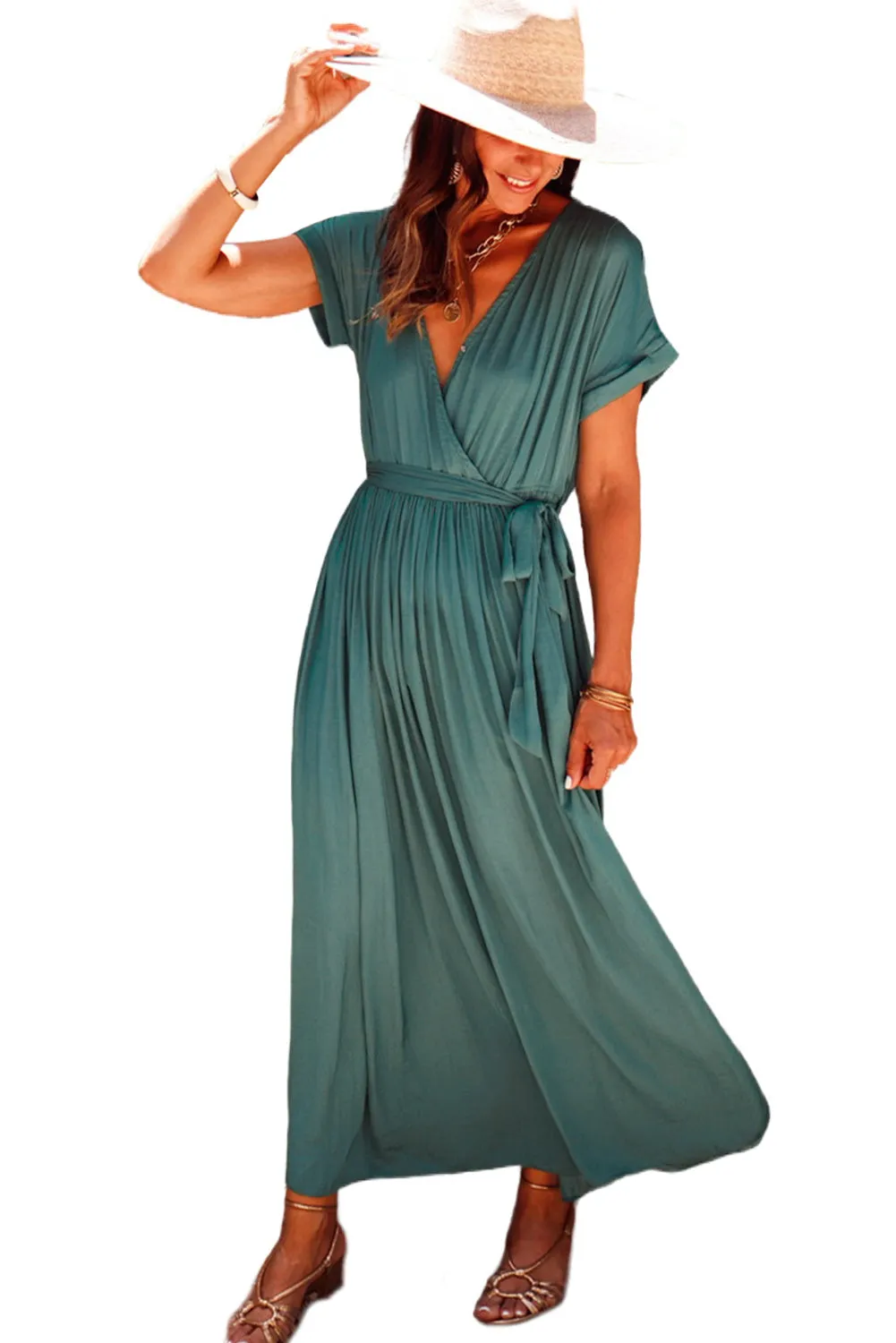 Wholesale Green Wrap V Neck Belted Pleated Maxi Dress