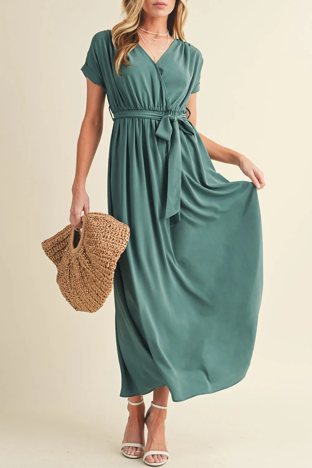 Wholesale Green Wrap V Neck Belted Pleated Maxi Dress