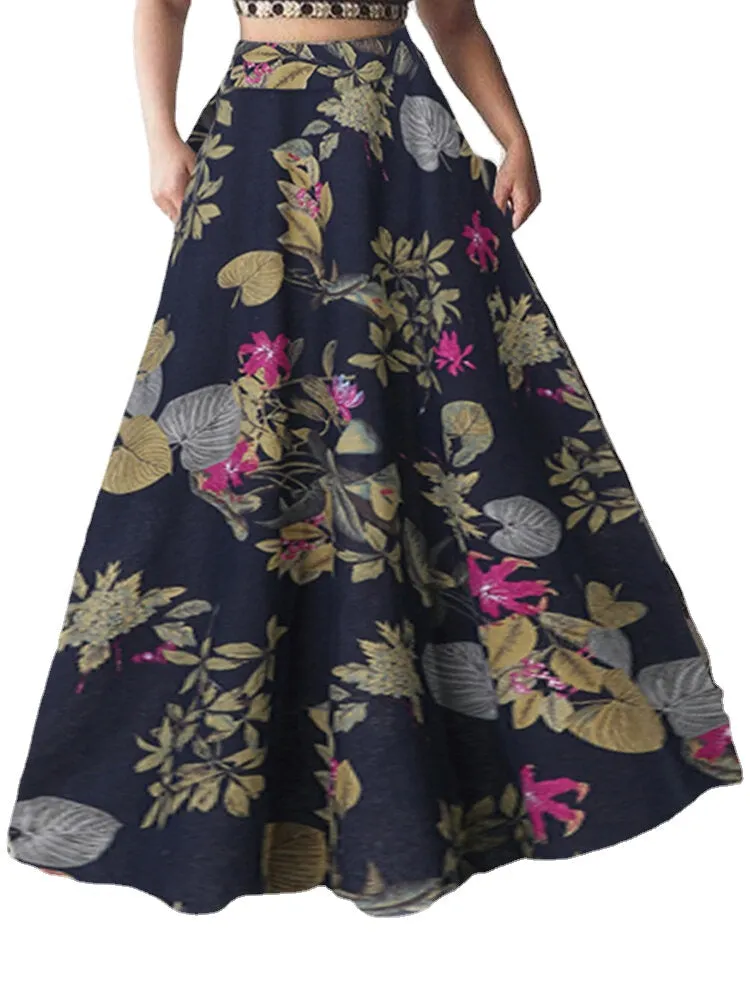 Women 100% Cotton Plant Floral Print High Waist Bohemia Maxi Skirts