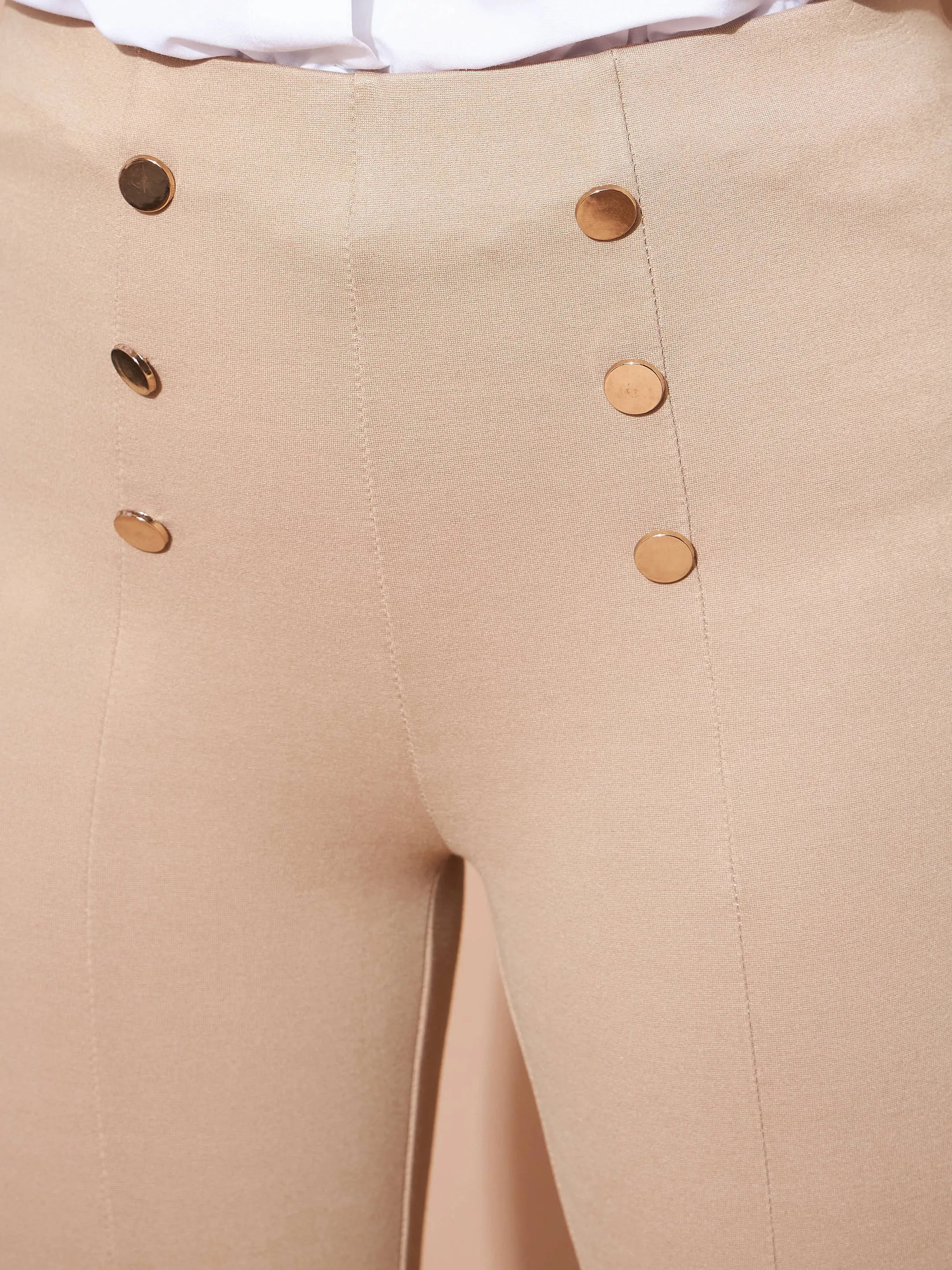 Women Beige High Waist Gold Show Buttons Pants