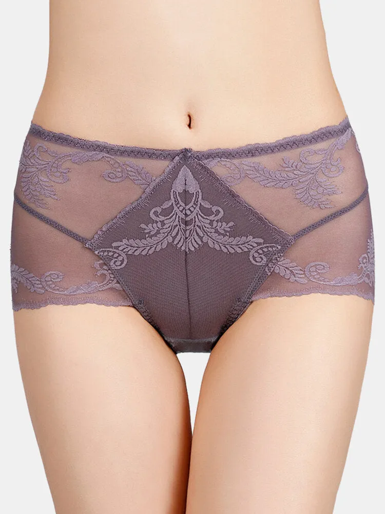 Women High Waist See Through Lace Thin Breathable Floral Lingerie Panties