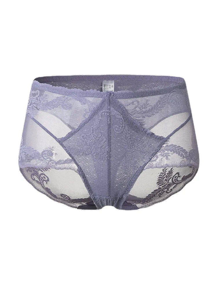 Women High Waist See Through Lace Thin Breathable Floral Lingerie Panties